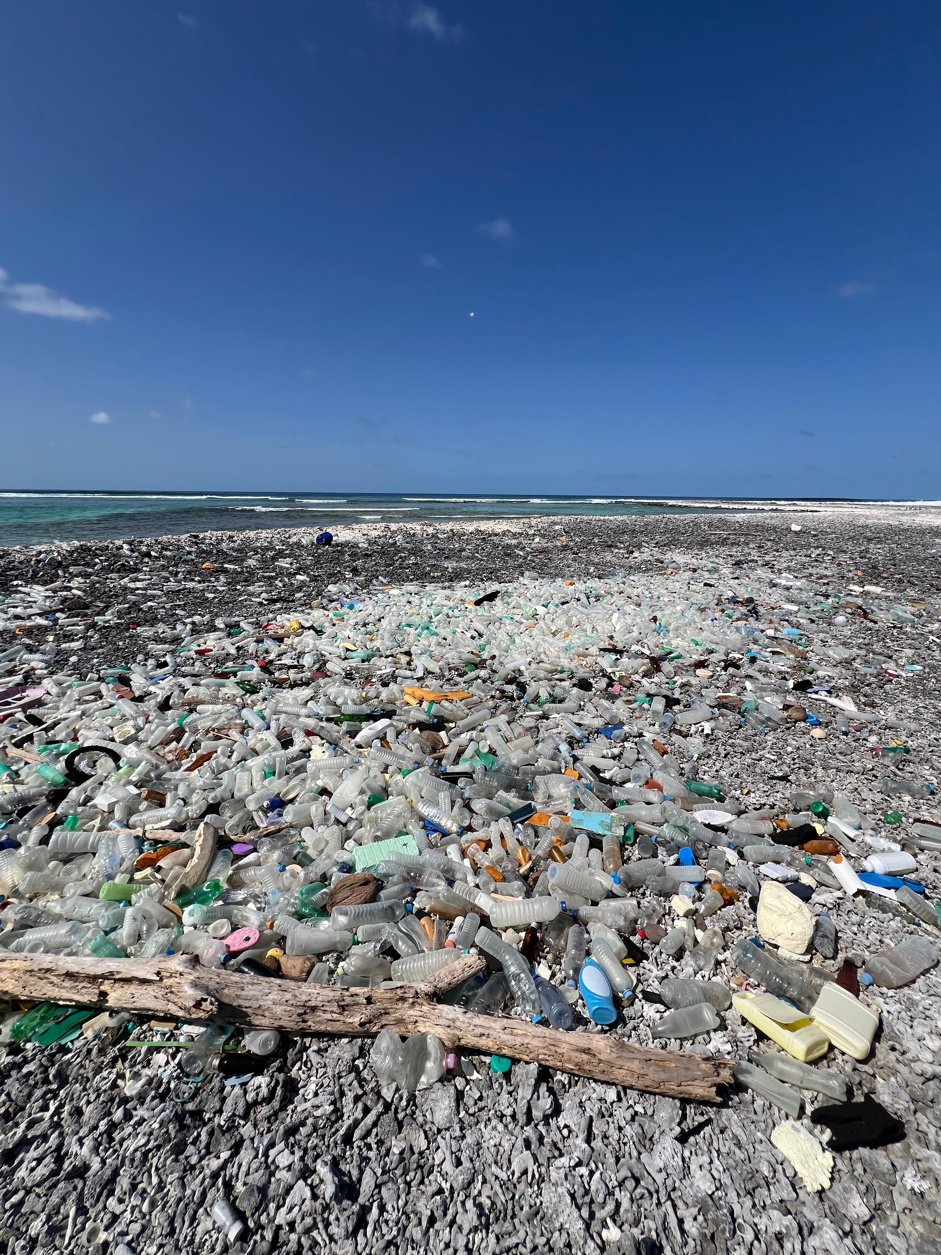 Plastic bottles and waste washed up on a tropical beach